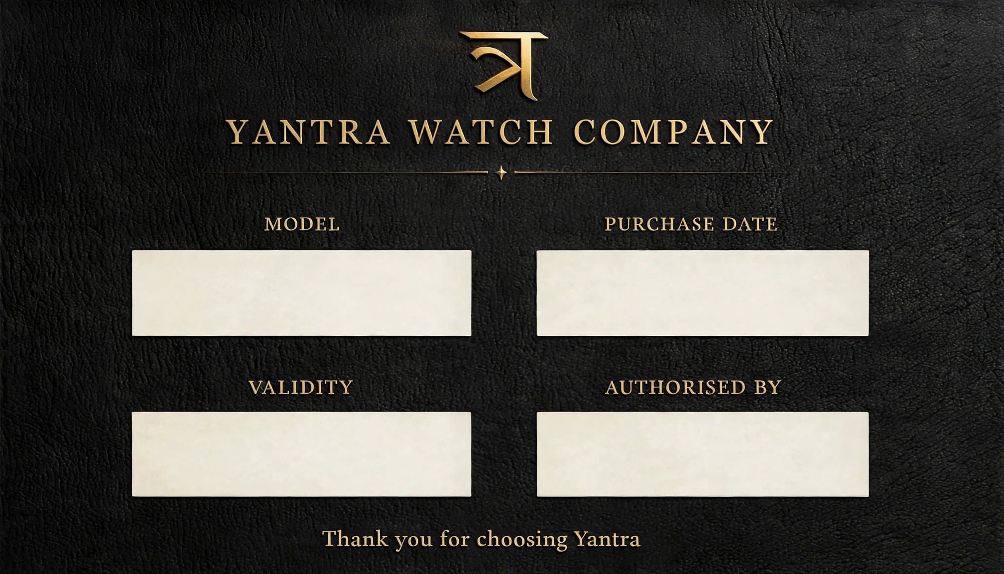 The Yantra Watch Company warranty card in gold on black