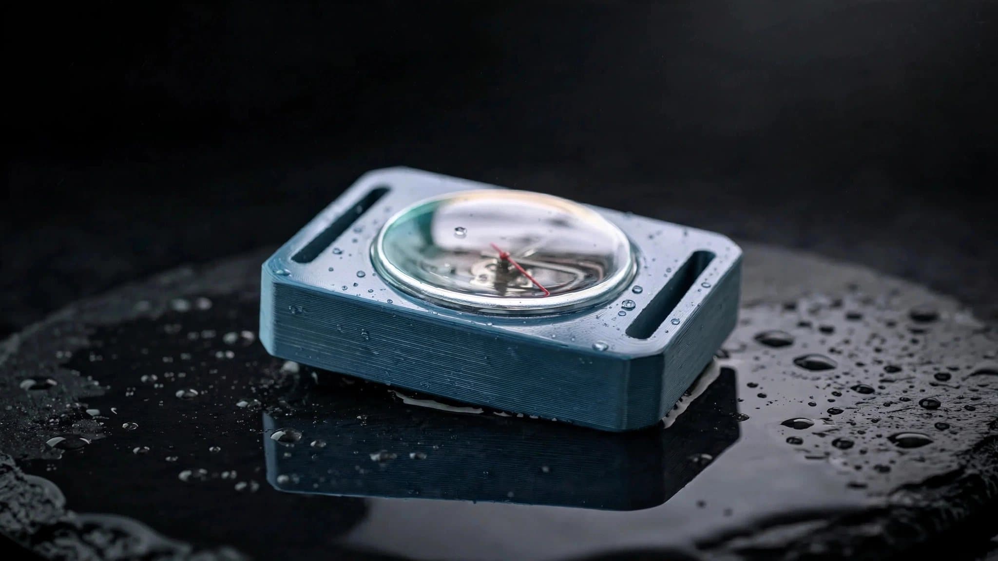 The Edition 01 case and domed crystal, beaded with water